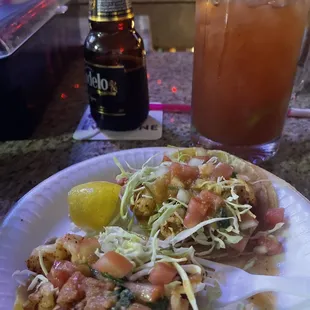 Shrimp Diablo tacos and a modelo negra michelada