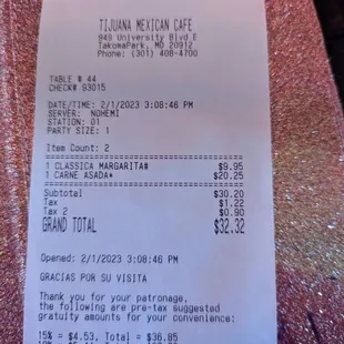 Prices for classic margarita and carne asada