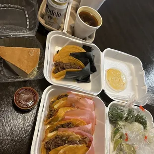 We had quesabirria's, Birria tacos, consume, flan, and horchata.