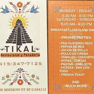 Business card and hours