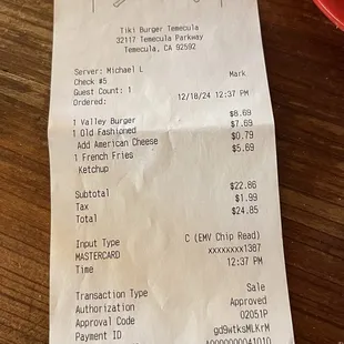 Our receipt. Sides do not come with the sandwiches but all the food was well worth the price.