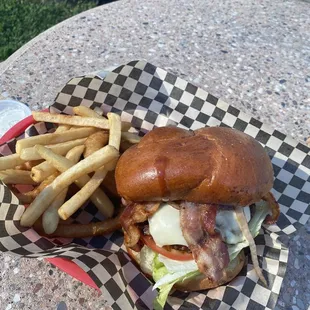 Tiki Burger and fries/rings