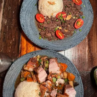 Lechon Chopsuey - pork belly, cabbage, shiitake, carrots, young corn, soy sauce. Tapsimatis - soy shaved beef ribeye, grape tomatoes