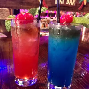 Niner nation (left) tequila based with watermelon and passion fruit, and shark tank (right) rum and blue curacao