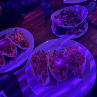 Pipeline shrimp tacos, mahi mahi tacos, bonsai edamame.