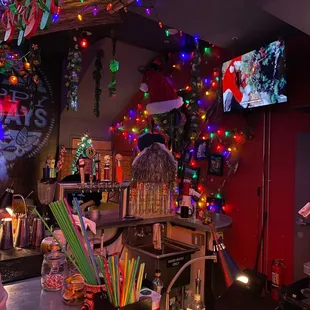 a bar decorated for christmas