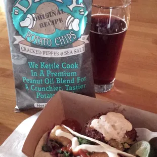 Fish taco, crab cake and kettle chips