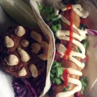 Tiki cake and fish taco.