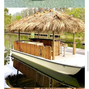 a tiki boat on the water