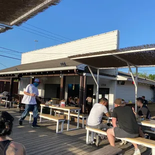 a group of people sitting at picnic tables