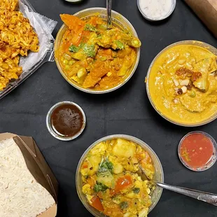 Sweet Potato &amp; Vegetable Vindaloo, Vegetable Korma, Aloo Gobi, Pakora