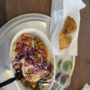 Naan tacos and samosas
