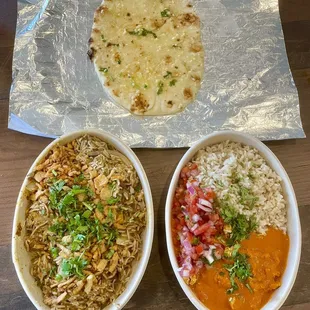 Garlic naan, Goat Biryani and Chicken Smoked Tikka Masala Bowl