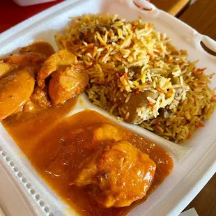 My 2 meat Big Box Combo with Butter Chicken spicy and butter chicken sweet.