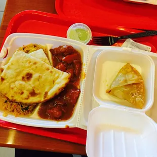 3 entree BIG Box ($8.99). I got the double butter chicken and a samosa and it comes with naan (June 2016). So yummy!