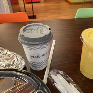 a cup of coffee and a plate of food