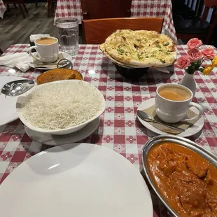 chai, butter chicken, garlic naan