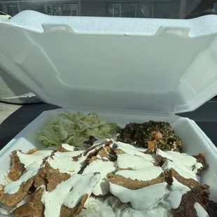 Gyro plate with lettuce, tabouli, tzatziki, ~$15