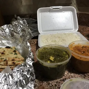 Palak paneer, chicken tikka masala, tandoori chicken full &amp; garlic naan