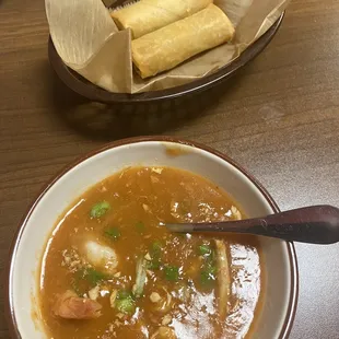 Thai soup and spring rolls
