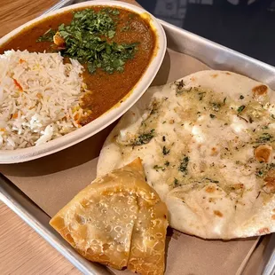 Original Chicken Curry. Garlic Naan. Samosa.