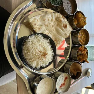 Thali lunch special (the orange is a reflection of their Grand Opening sign)