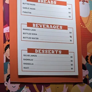 Bread. Beverage and dessert menu