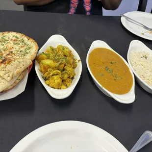 Garlic Naan, Aloo Ghobi, Chicken Tikka Masala with rice