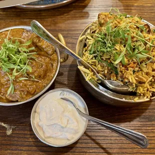 LAMB KORMA (left) and CHICKEN BIRIYANI (right)