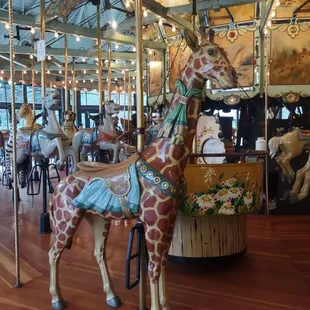 Dresses up giraffe and spinning tub.