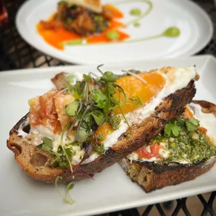 Grilled bread with grilled peaches, burrata and chimichurri