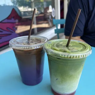 Ube latte and strawberry matcha latte