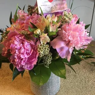 Custom Peony Bouquet in Bling Vase