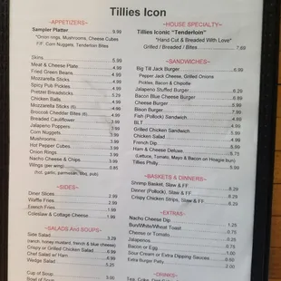 Current food menu at Tillies