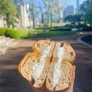 Tomato grilled cheese bagel with pickled veggie cream cheese