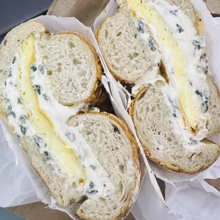 #1 - egg &amp; cheese with spinach cream cheese on a Cacio e Pepe bagel