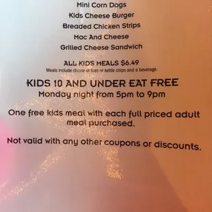 Kids menu