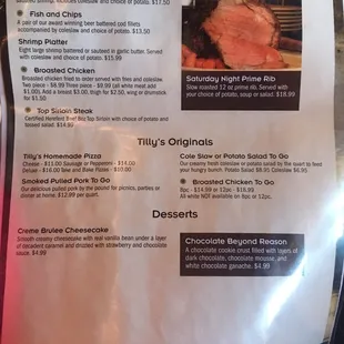 Steak and chicken menu