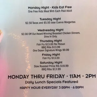 Weekday specials