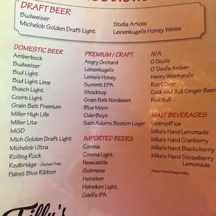 Drink menu