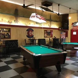 a pool table and a bar