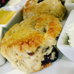 Cranberry scones with strawberry champagne jam and lemon curd
