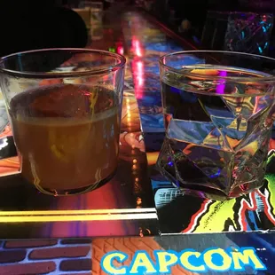 Whiskey sour and club soda. Game-themed light up bar :]