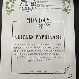 Monday special menu