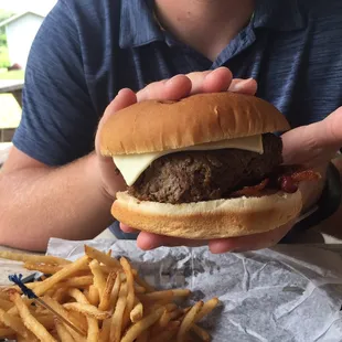 Swiss Bacon Burger and Fries
