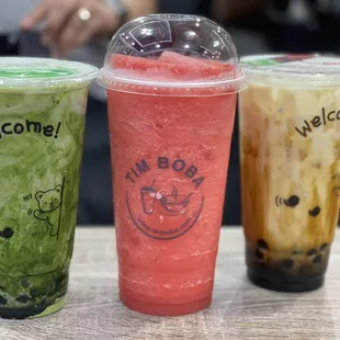 Large matcha, watermelon smoothie, brown sugar