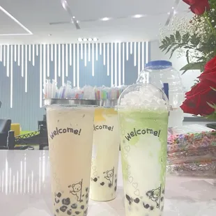 Milk tea, mango avalanche, and matcha smoothie.