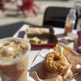 Medium iced coffee with cold foam. Avocado toast in back(salty) but good