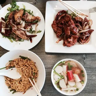 Dry seafood noodles, sweet and sour pork chops, and fish sauce wings