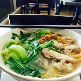 Shredded Chicken Egg Noodle Soup with added Bok Choy